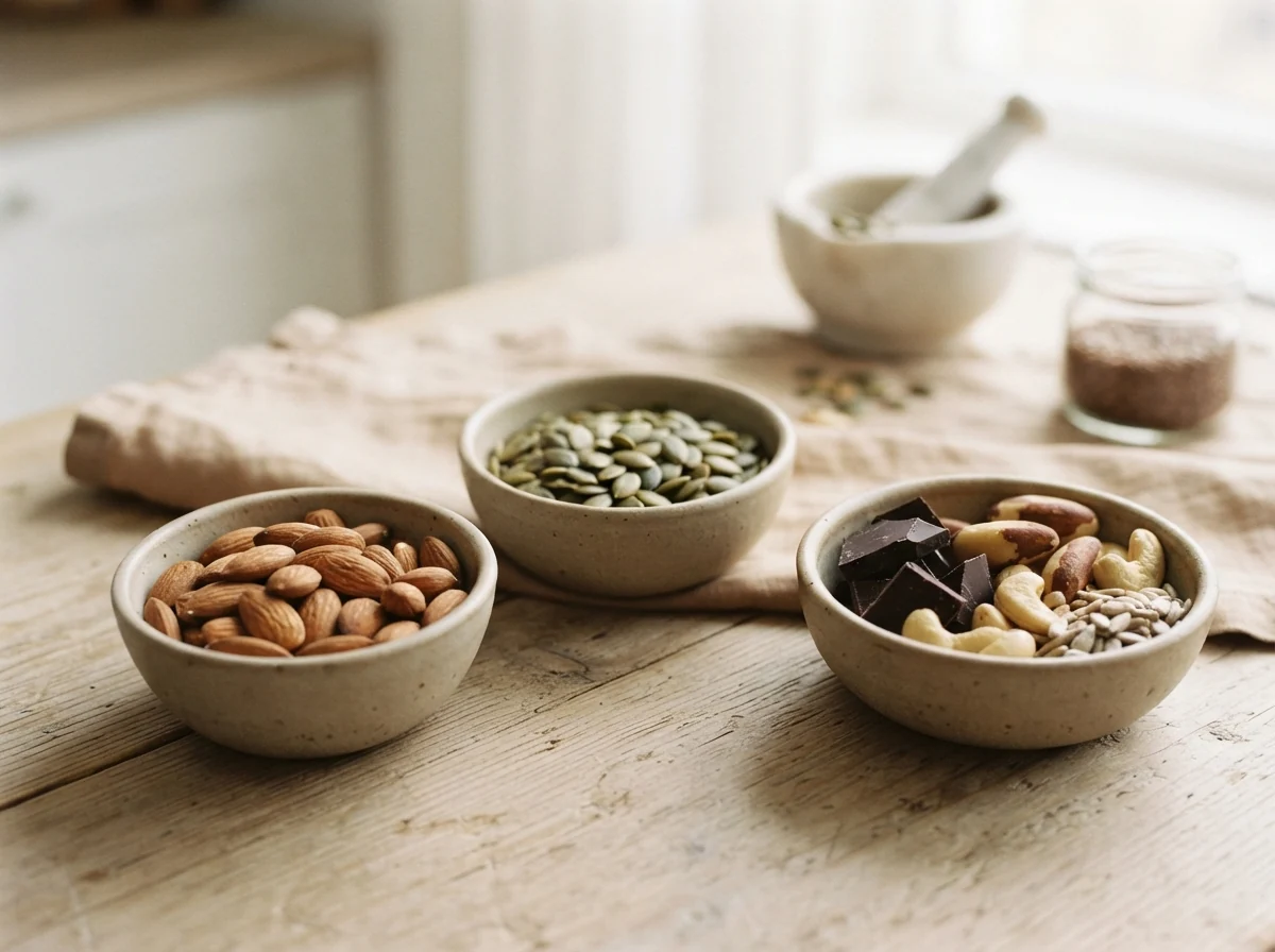 Assorted nuts, seeds, and magnesium-rich foods on a wooden surface